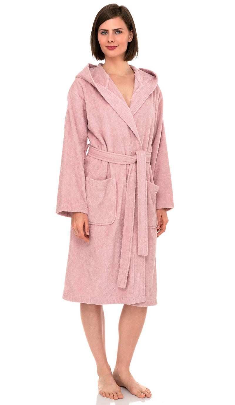 TowelSelections Womens Hooded Robe Cotton Soft Towel Bathrobe Terry Cloth Shower Bath Robes for Women Small Coral Blush - Image 1